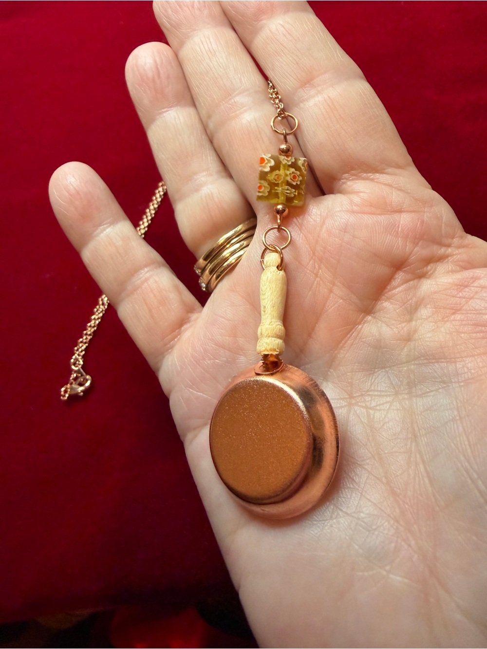 Rose Gold-Tone Novelty Frying Pan Pendant Necklace - Women Jewelry - Picture 4 of 4